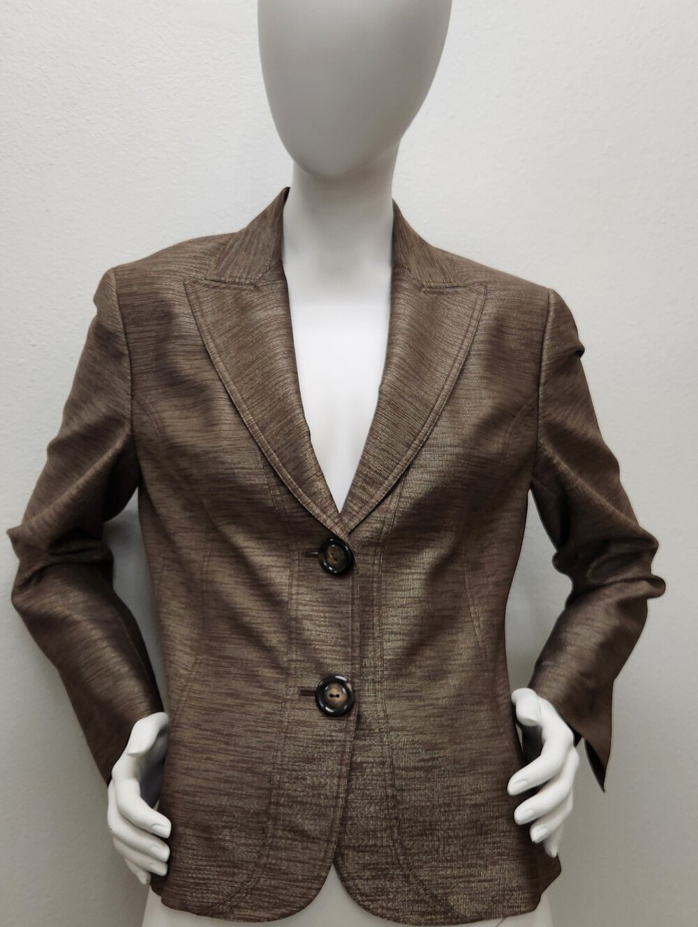 Lafayette 148 New York Bronze Metallic Textured Two-Button Blazer Jacket, Size10